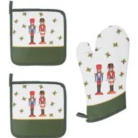 Set guanto e presine Schiaccianoci Natale bianco in cotone