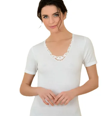 T-shirt donna in lana cotone con pizzo macramè Antonella 620667 tg.3-7 – Bianco