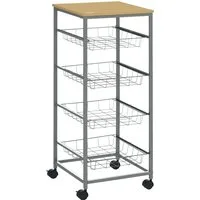 Homcom Carrello da Cucina con Cesti Estraibili in Acciaio e Ruote, 36.5x36.5x89cm Aosom – Argento