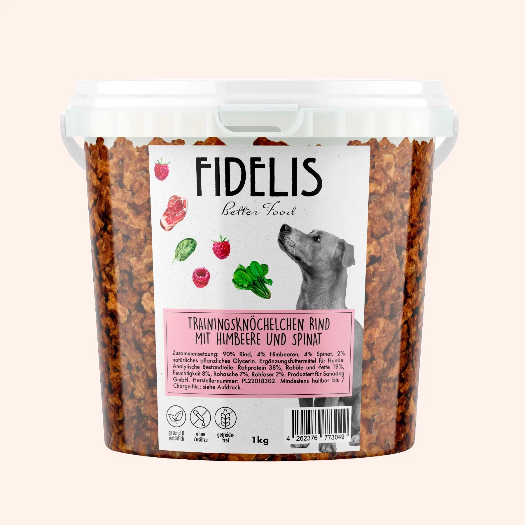 Huesitos de entrenamiento Ternera con frambuesas y espinacas (cubo de 1 kg) – L