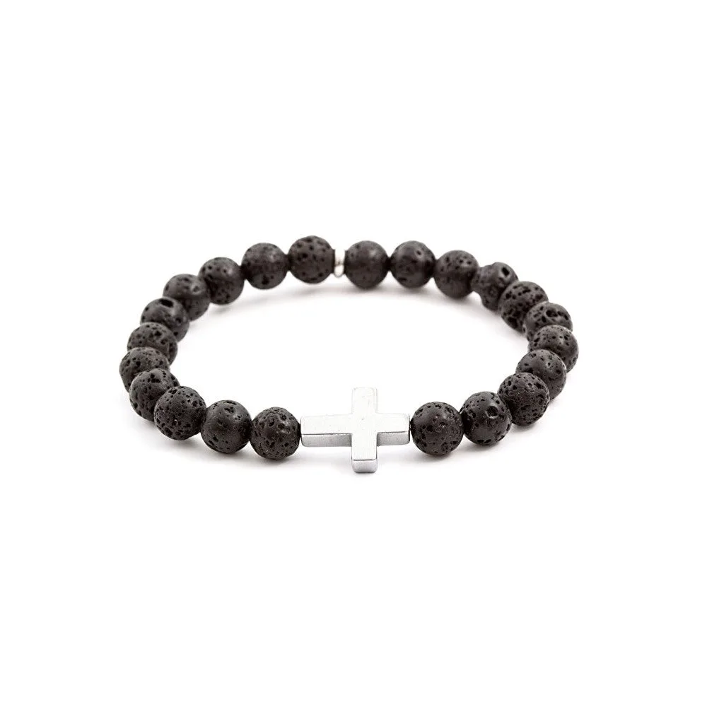 Agato Bracciale perline pietra lavica ed ematite MINK61 17 cm — Bracciale – Unisex
