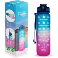Gourde Supplife - 1 litre - avec paille - Motivation - Gourde de sport - Sans BPA - Bleu-rose