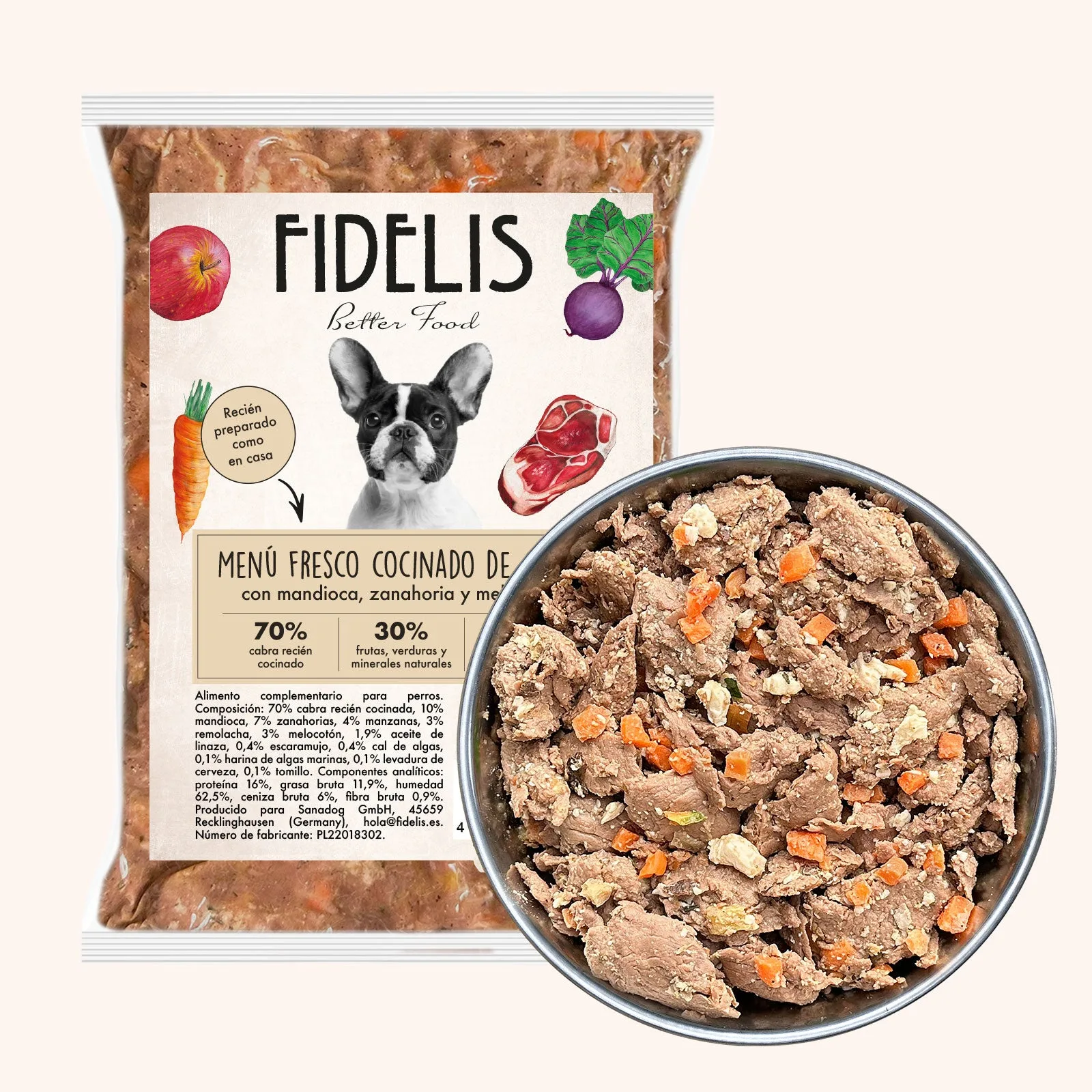 Menú fresco de cabra cocido con mandioca, zanahorias y melocotón (500 g congelado)