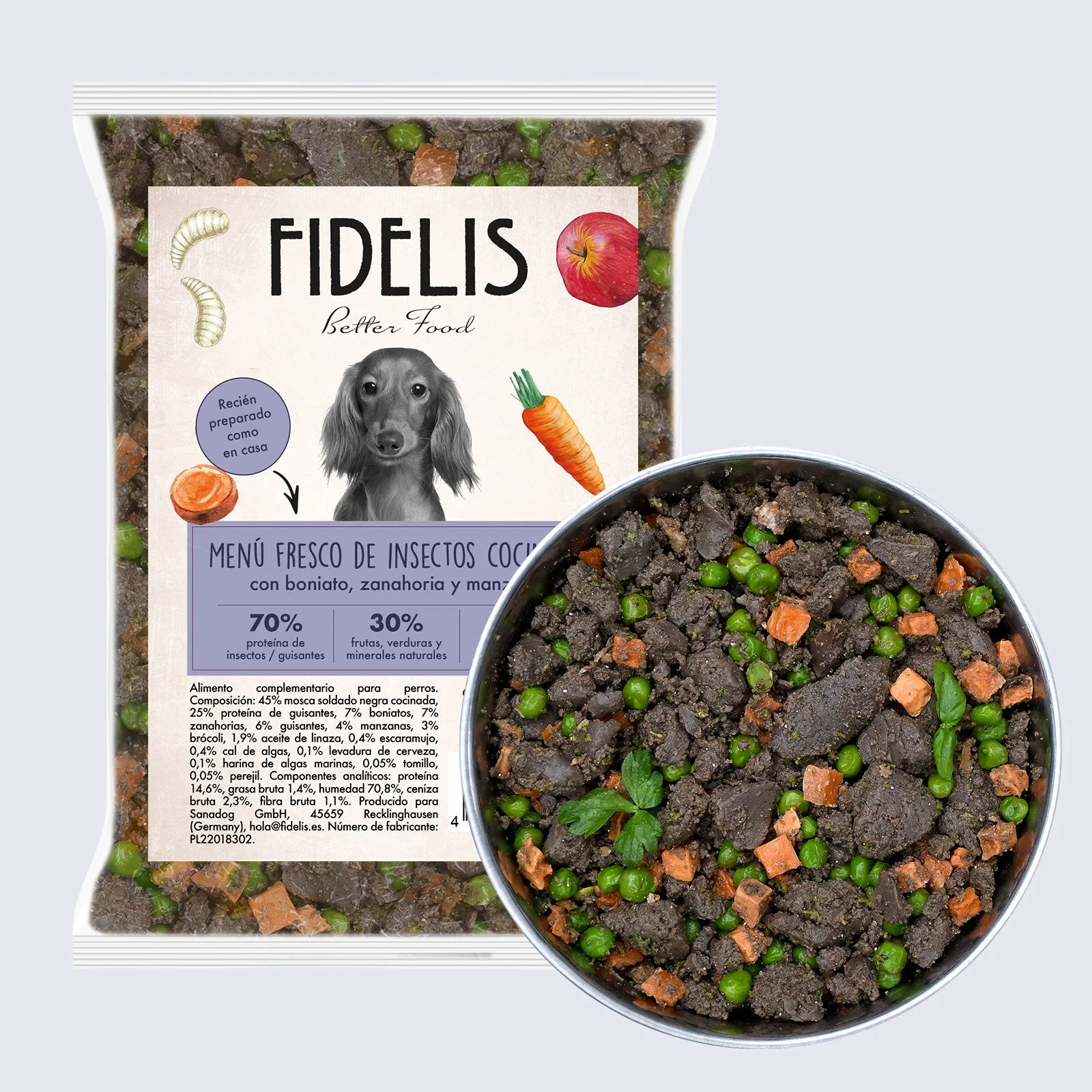 16 x 500g Menú fresco cocinado de insectos con boniato, zanahoria y manzana ❄️